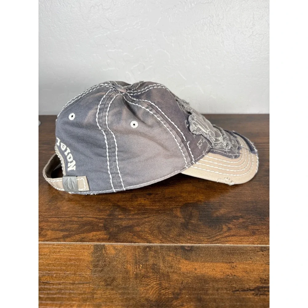 True Religion Distressed Buddha Logo‎ Baseball Cap Grey Tan Contrast Stitch Hat